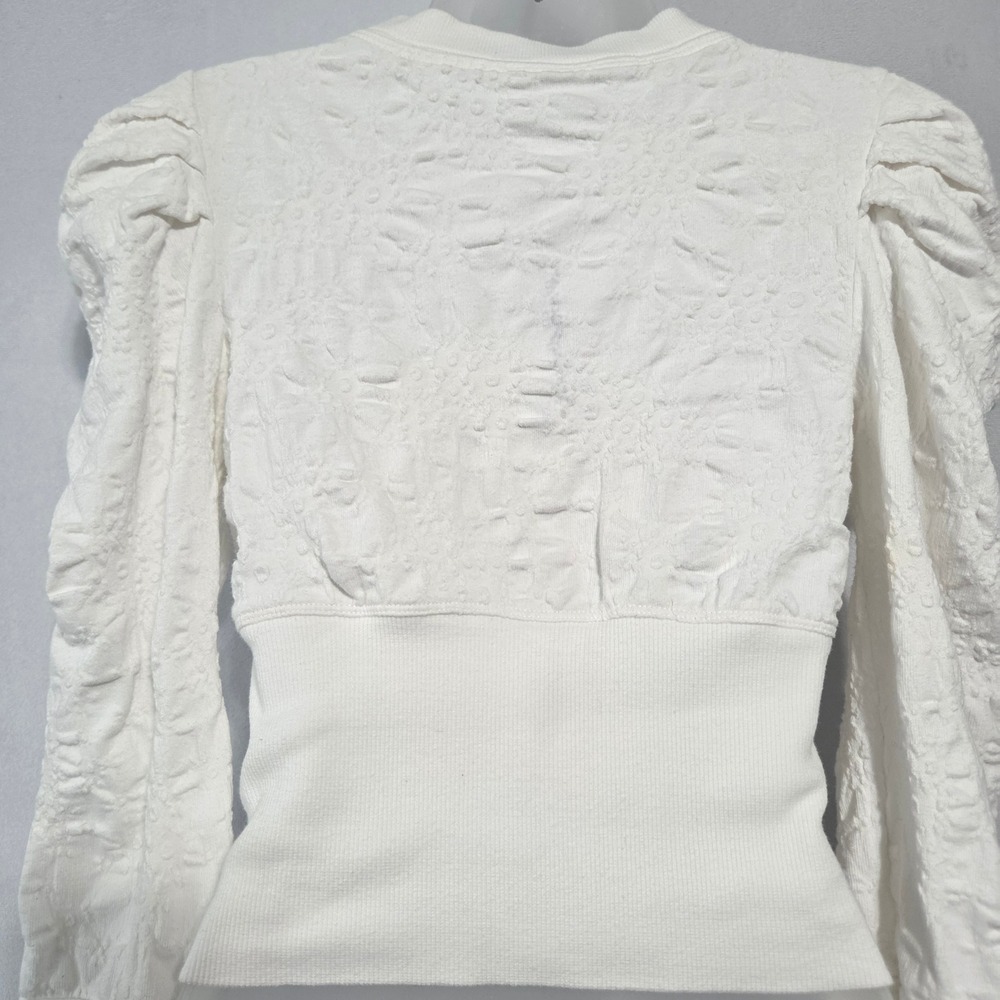 Free People Puff Sleeve Top XS White Textured Boho Romantic Victorian Cottage - Picture 11 of 12